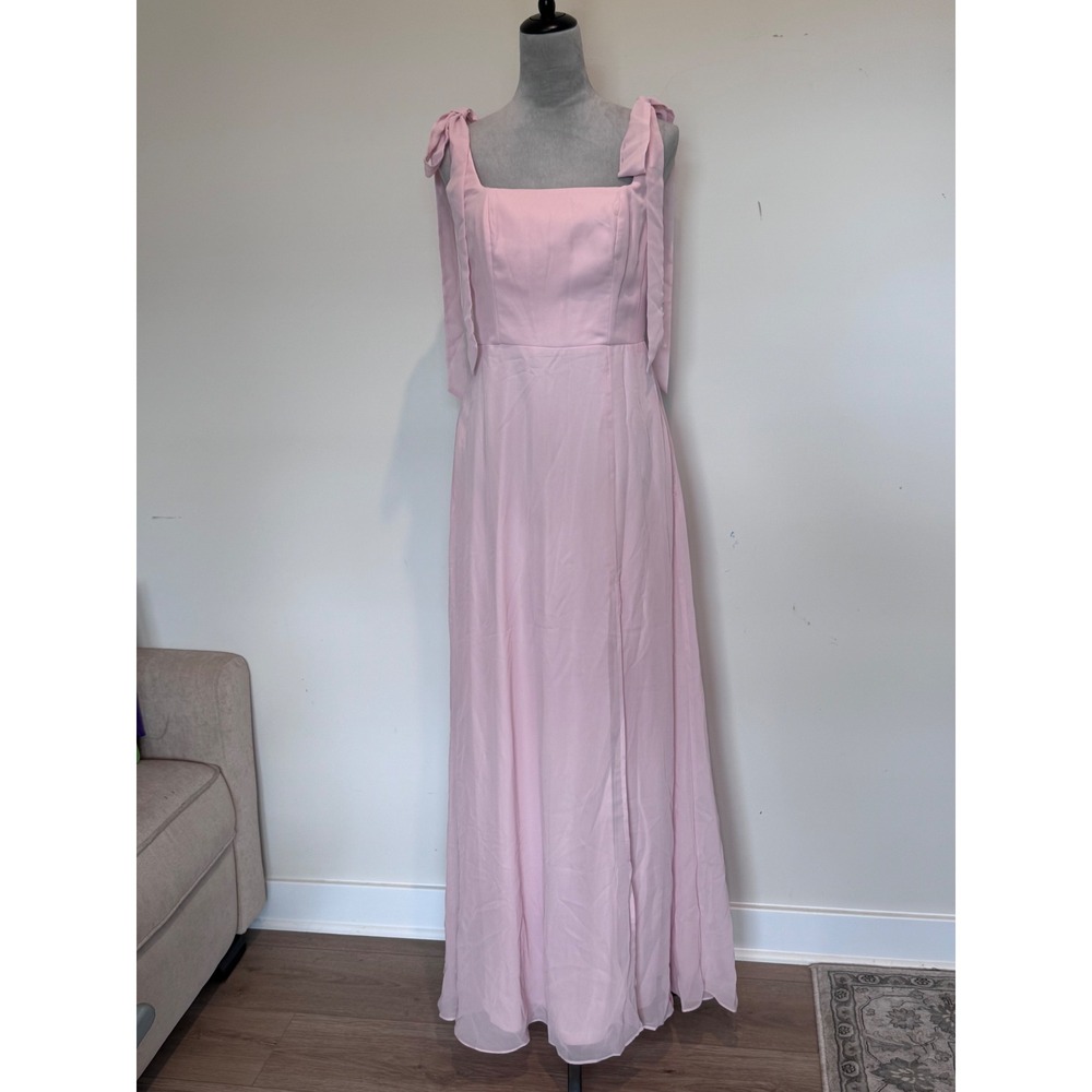 Birdy Grey Alex Chiffon Maxi Dress Blush Pink Tie Shoulder Square Neck M NEW